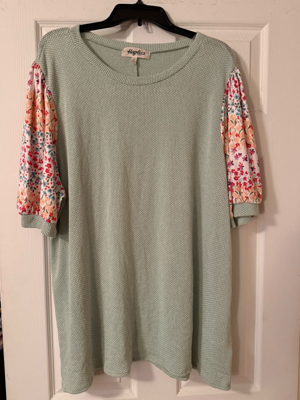Haptics Mint Knit Tunic with Floral Puff Sleeves